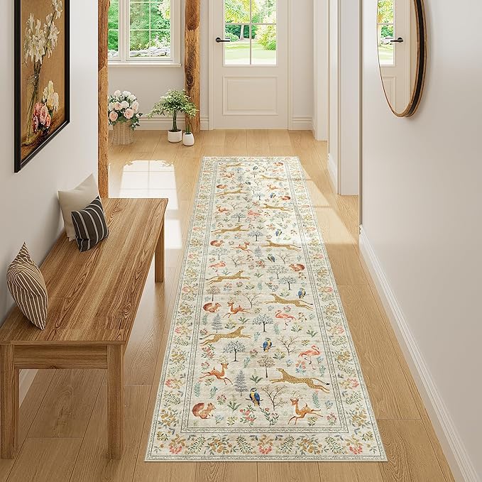 DUKINO Runner Rug, 2x7 Washable Kitchen Rugs for Hallways with Non Slip Backing, Soft Low Pile Vintage Animal Runner for Kitchen, Hallway, Entryway, Laundry, Bedroom, Beige