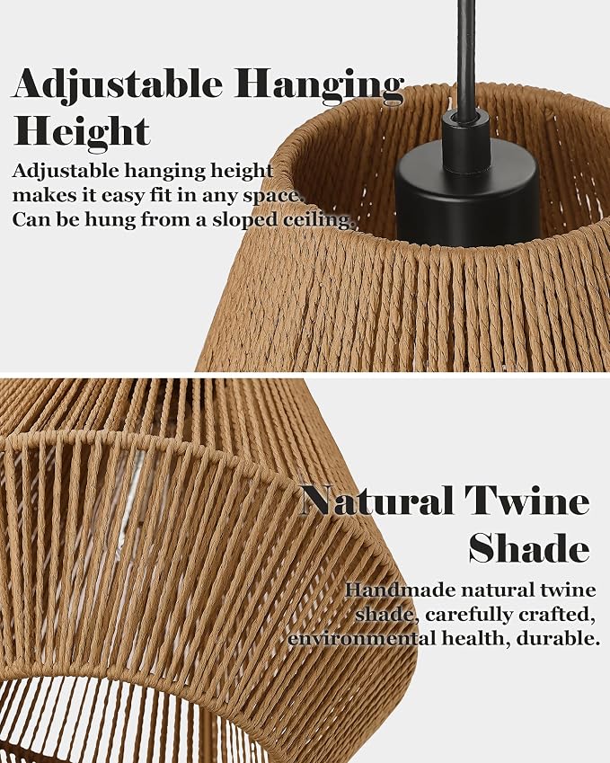 ELYONA 17” Woven Pendant Light, Modern Boho Chandelier Handwoven Rattan Basket Shade, Japandi Pendant Light Fixtures Farmhouse Ceiling Hanging Lamp for Dining Room, Kitchen Bedroom, Entryway, Foyer