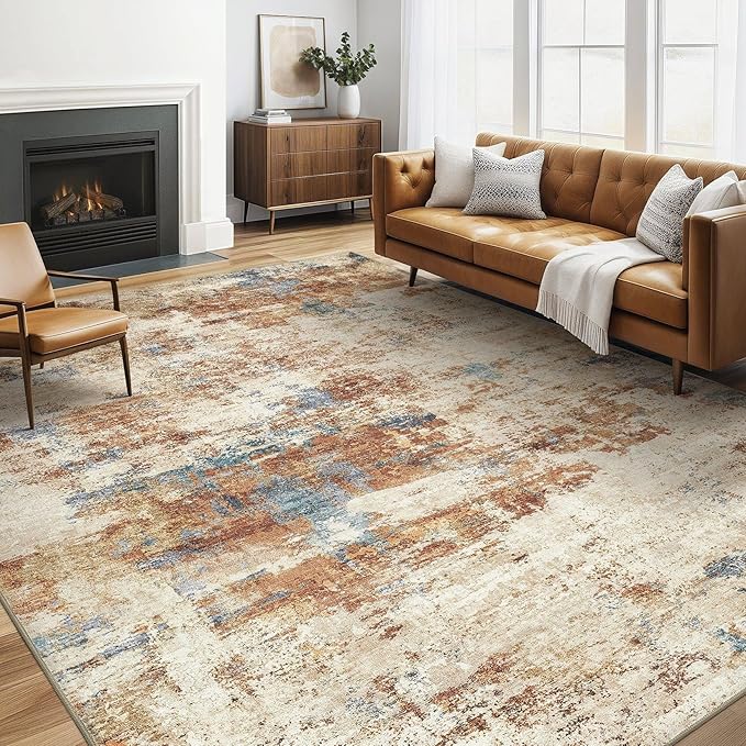 5x7 Area Rugs Washable Rug: Large Abstract Modern Soft Stain Resistant Indoor Floor Non-Slip Accent Carpet for Living Room Bedroom Nursery Playroom Dining Room Office Dorm Home House- Blue Orange