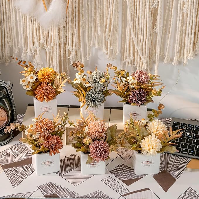 6PCS Artificial Fall Flowers with Ceramic Vases – Multicolor Small Fake Chrysanthemums & Daisies with Pot for Autumn Home Decor – Table Centerpieces for Kitchen, Mantel, Entryway or Tiered Tray