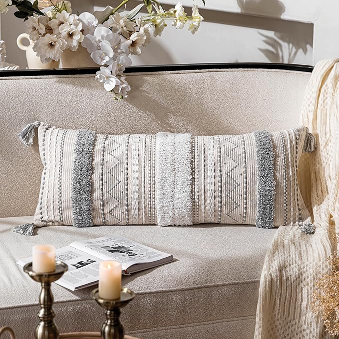 BlissBlush 14x36 Lumbar Pillow Cover for Bed, Rectangular Long Decorative Throw Pillowcase, Boho Accent Cushion with Gray Tufted Pattern and Tassels, Cream Neutral (Cover Only)