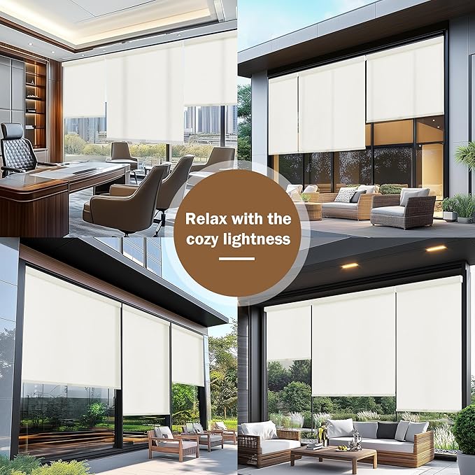 AOSKY Light Filtering Roller Shades Cordless Blinds for Windows, 1% Openness Free-Stop Shades with Valance, Thermal Insulated Fabric, UV Protection, Natural Woven Blinds（37" W x 72" H, Ivory）