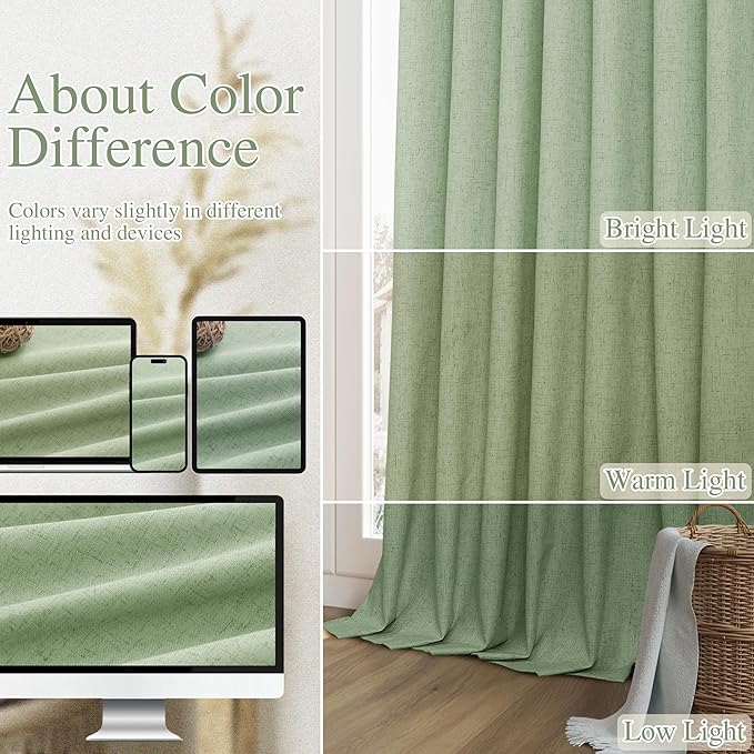 Guken Light Sage 100% Blackout Linen Curtains 63 Inch Length 2 Panels Set for Living Room Bedroom Back Tab/Rod Pocket Thermal Insulated Black Out Drapes Room Darkening Farmhouse Window Curtains