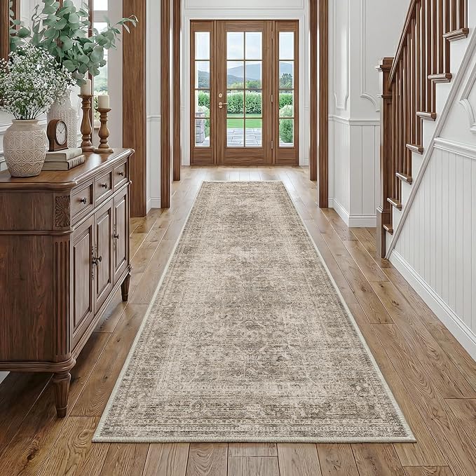 FMFUNCTEX 3x10 Runner Rug Taupe Washable Vintage Neutral Distressed Non Slip Low Pile Indoor Carpet Soft Retro Floral Hallway Entryway Rug for Kitchen Living Room Bedroom Bathroom Laundry Bedside