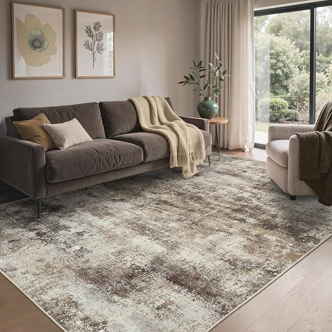 BEIMO Area Rugs 6x9 for Living Room Bedroom, Modern Abstract Machine Washable Rug, Large Soft Low Pile Floor Carpet with Non Slip Backing for Dining Room, Beige/Brown