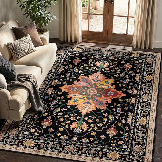 RELEANY Area Rugs 5'x7' Washable Non-Slip, Floral Vintage Distress Print Pattern Medallion Carpet for Living Room Bedroom Dining Room, Black Colorful Floral Dark Tan