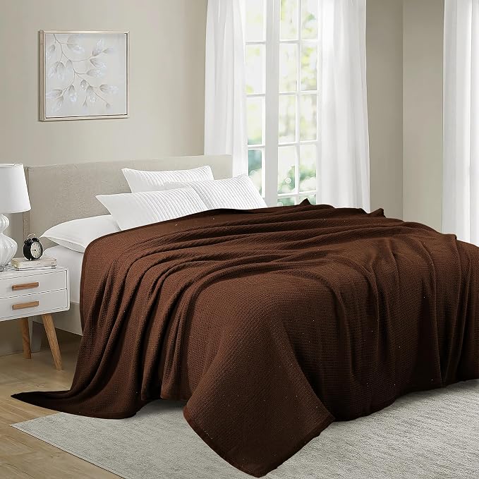 TreeWool Premium 100% Cotton Waffle Queen Blanket (90"x90", Brown) | Breathable Lightweight Moisture Wicking Soft Knit Thermal Blanket for Summer, Bed or Sofa All-season Comfort Machine Washable