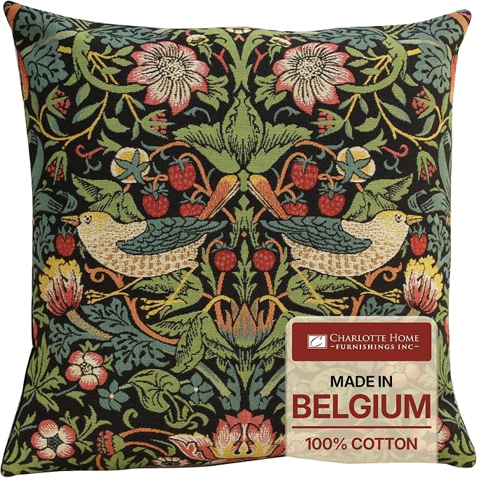 Charlotte Home Furnishings Inc Black Strawberry Throw Pillow Covers 18x18, European 100% Cotton Jacquard Woven Fabric, Boho & Vintage Inspired Decorative Cushion for Living Room and Sofa