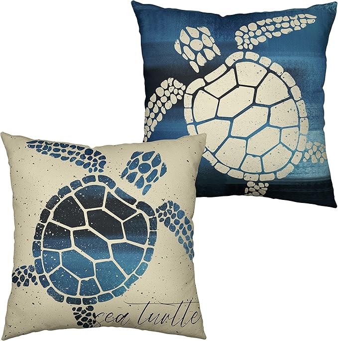 Beach Room Decor Pillow Covers Nautical Coastal Sea Turtle Throw Pillowcase 18x18 Set of 2 Blue Beige Square Linen Pillow Covers for Living Room Car Outdoor