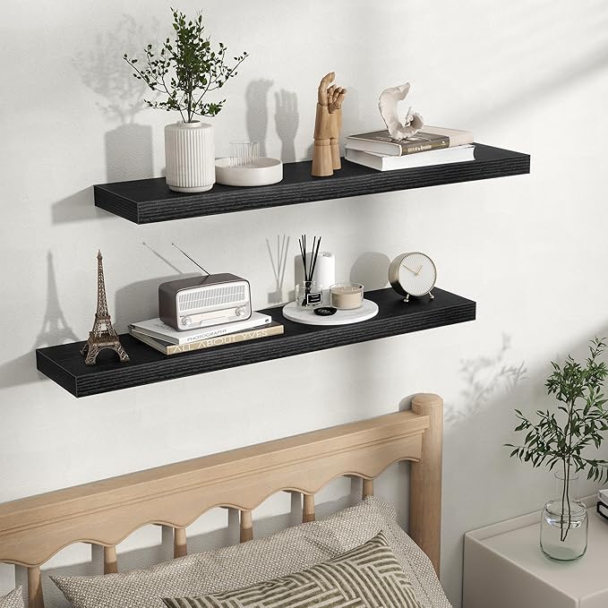 Fun Memories Floating Shelves for Wall, Rustic Wood Wall Mounted Shelves for Bathroom, Bedroom, Living Room & Kitchen, Storage Display Shelves, (Set of 2, Black, 36 in)