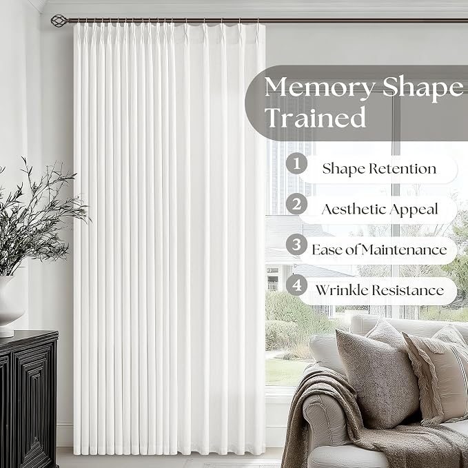 Ivory White Semi Sheer Pinch Pleated Linen Curtains 63 Inch Long | Off White, 63 Inch Length, Small, Light Filtering, Privacy, Bay Window, Office, Burlap Textured, Hook Rings, Memory Shape