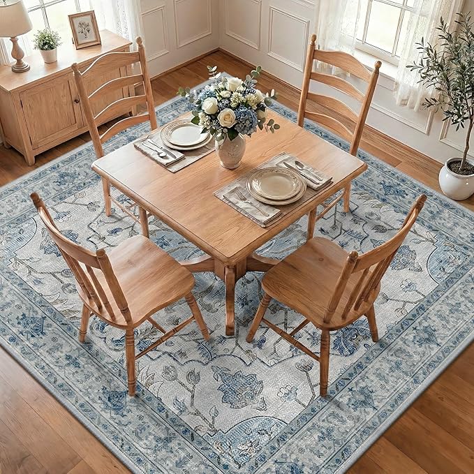 RELEANY Area Rugs Square 8ft Washable Non-Slip, Floral Vintage Distress Print Pattern Medallion Carpet for Living Room Bedroom Dining Room, Light Blue Navy Beige Gray White