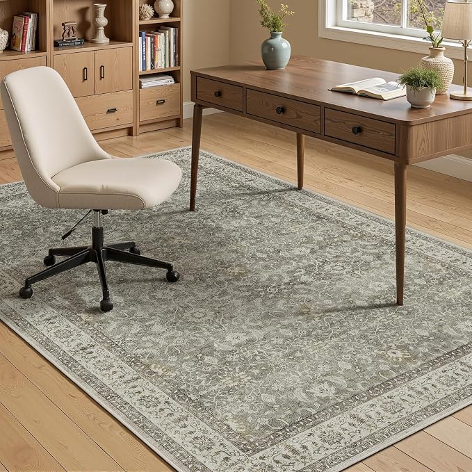 Gray 5x8 Washable Area Rugs, Low Pile Thin Print Living Room Bedroom Rug Non Slip, Transitional Modern Faromhouse Carpet Rugs for Dining Room Home Office Soft French, Neutral Gray/Beige/Olive