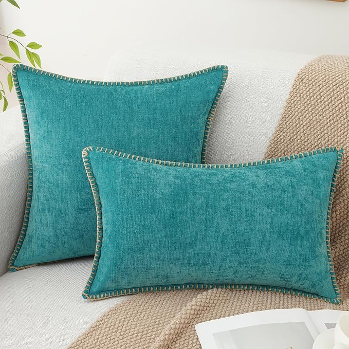 decorUhome Summer Chenille Soft Cozy Throw Pillow Covers 26x26 Set of 2, Modern Farmhouse Boho Velvet Decorative Euro Sham Pillow Cases with Stitched Edge for Couch Sofa Bed Home Decor, Turquoise