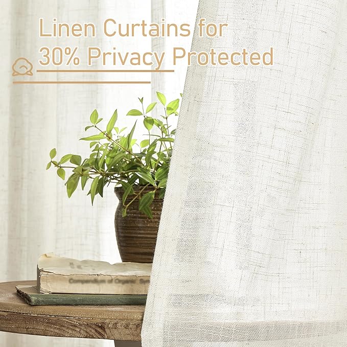 LAMIT Cream Linen Kitchen Curtains 30 Inch Length, Semi Sheer Light Filtering Window Panels Back Tab and Rod Pocket Drapes for Basement/Small Windows, 34 x 30 Inch, 2 Panels