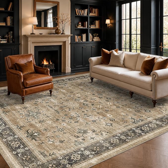 Boho Earth Tone 7x10 Living Room Rug - Distressed Natural Taupe Washable Bedroom Area Rug, Modern Vintage Dining Room Carpet, Non-Slip Stain & Fade Resistant