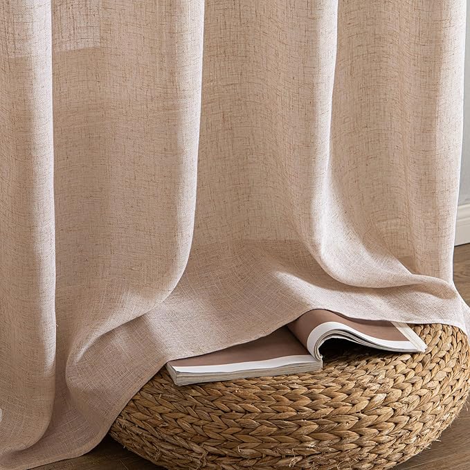 MIULEE Natural Beige Linen Curtains 54 Inch Length 2 Panels for Bedroom Living Room, Soft Linen Textured Window Drapes Semi Sheer Light Filtering Back Tab Rod Pocket Farmhouse Burlap Look Decor