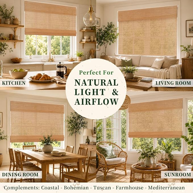 HESTIA No Drill Cordless Bamboo Roman Shades with Matching Valance, Light Filtering Natural Woven Roll Up Blinds for Living Room, Dining Room, and Sunroom, 28" W X 64" H