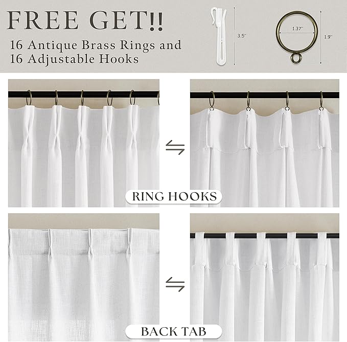 White Linen Curtains 102 Inches Long for Living Room Pinch Pleated Drape with Hooks Rings for Track System Back Tab Light Filtering 102 Inch Curtain for Bedroom Sliding Patio Door 2 Panels 50x102
