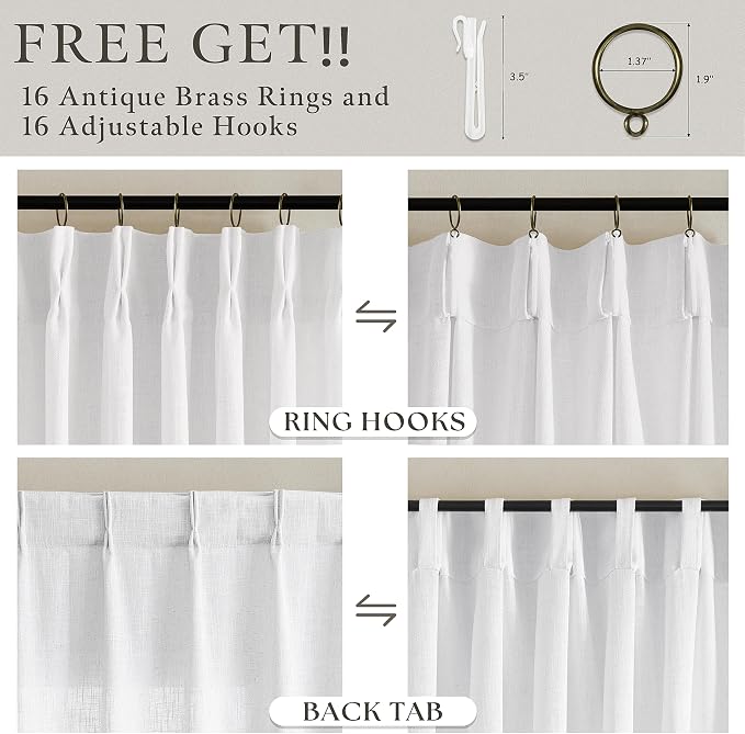 80 Inch Pinch Pleated Linen Curtains 2 Panels Set for Living Room Bedroom Boho Farmhouse Thick Linen Textured Semi Sheer Back Tab Pinch Pleat Hooks Rings Window Curtain Snow White 50 by 80 Length