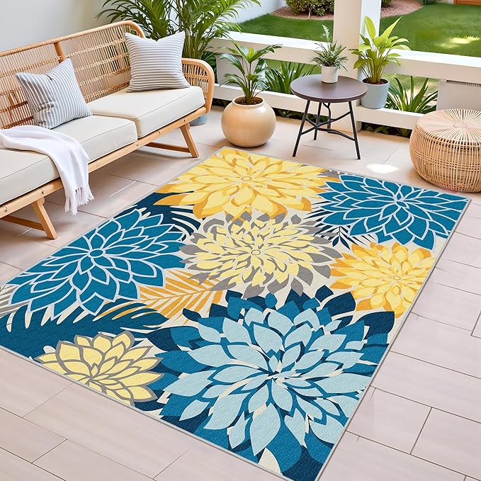 Colorful 3x5 Washable Rug for Living Room Tropical Botanical Modern Floral Chenille Area Rugs Low Pile Non Slip Carpet for Patio, Bedroom, Laundry, Ocean Dahlia