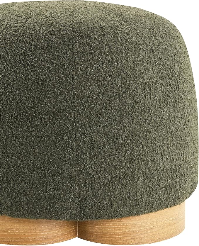 GDFStudio 20" Round Teddy Fabric Ottoman Stool, Upholstered Footrest with Foam Seat, Modern Accent Ottoman, Entryway Bedroom Vanity Stool, Fully Assembled, Metal Trim Base, Green