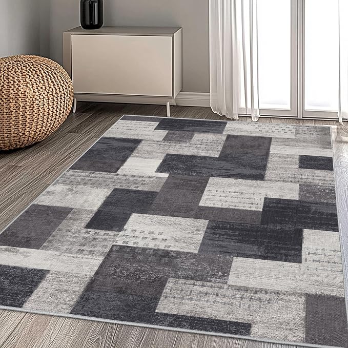 Modern Geometric Patchwork Indoor Area Rug for Living Room, Charcoal 6'x 9' Large Rug Rockwood Collection Hardwood Floors Decor for Bedroom, Grey Throw Carpet for Office Entryway Dining Room