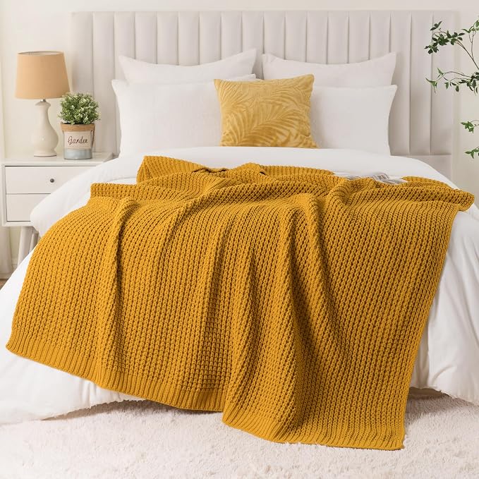 Bunnikins & Clover Knitted Waffle Throw Blanket 60x80 Inches, Mustard Yellow Throw Blanket for Couch, Soft Cozy Chenille Knit Blanket Warm Decorative Throw for Sofa