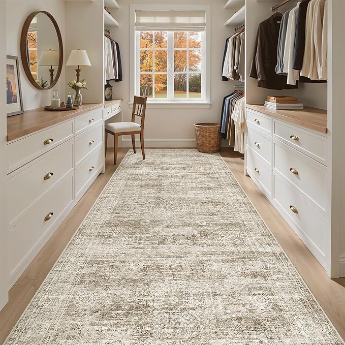 Soalmost 4x10 Wide Hallway Runner Rug: Washable Soft Rug Runners for Living Room Bedroom Ktichen, Stain Resistant Low Pile Area Rugs Non Slip Floor Carpet (Brown, 4x10)