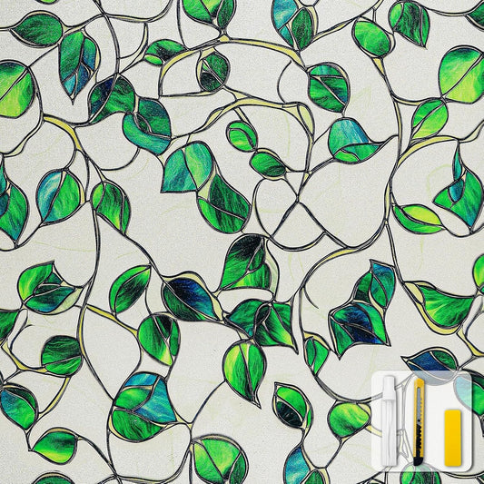 Window Privacy Film Stained Glass Decorative Static Clings Frosted Window Tint for Home Room Decor Bathroom Door Car Stickers with Glittering Effect, Removable(Blue & Green pothos Botanical)