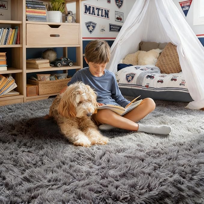 PAGISOFE Plush Washable Area Rugs for Living Room 5x7 Grey, Soft Shaggy Rugs Carpets Fluffy Rugs for Boys Bedroom Kids Room, Shag Plush Rug for Teen Dorm Decor, Kids Home Decor Aesthetic, Nursery