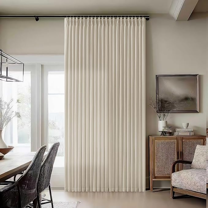 Linen Beige Pleated Curtains 90 Inches Long Patio Sliding Door Curtains 70 Inch Width Light Filtering Semi Sheer Curtain Drapes Oatmeal Tan Neutral Extra Wide 70x90 Curtain Panels for Living Room