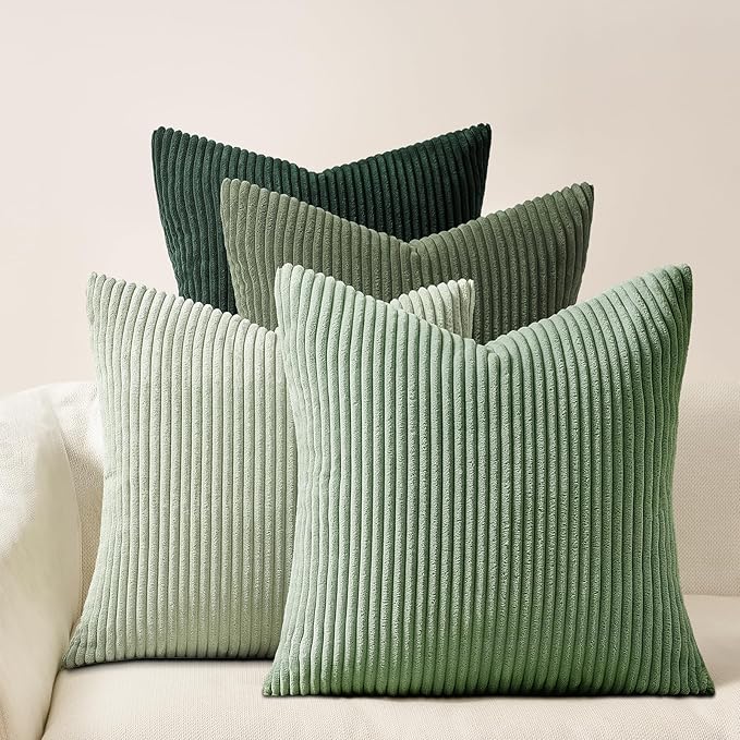 Topfinel Light Green Decorative Throw Pillow Covers Green Series,Winter Fluffy Corduroy Striped Euro Pillows Shams for Couch Bed Bedroom,Western Modern Hunter Green Pillowcase 26x26 Inch Set of 4