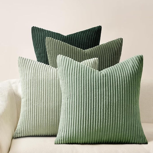 Topfinel Light Green Decorative Throw Pillow Covers Green Series,Winter Fluffy Corduroy Striped Euro Pillows Shams for Couch Bed Bedroom,Western Modern Hunter Green Pillowcase 26x26 Inch Set of 4