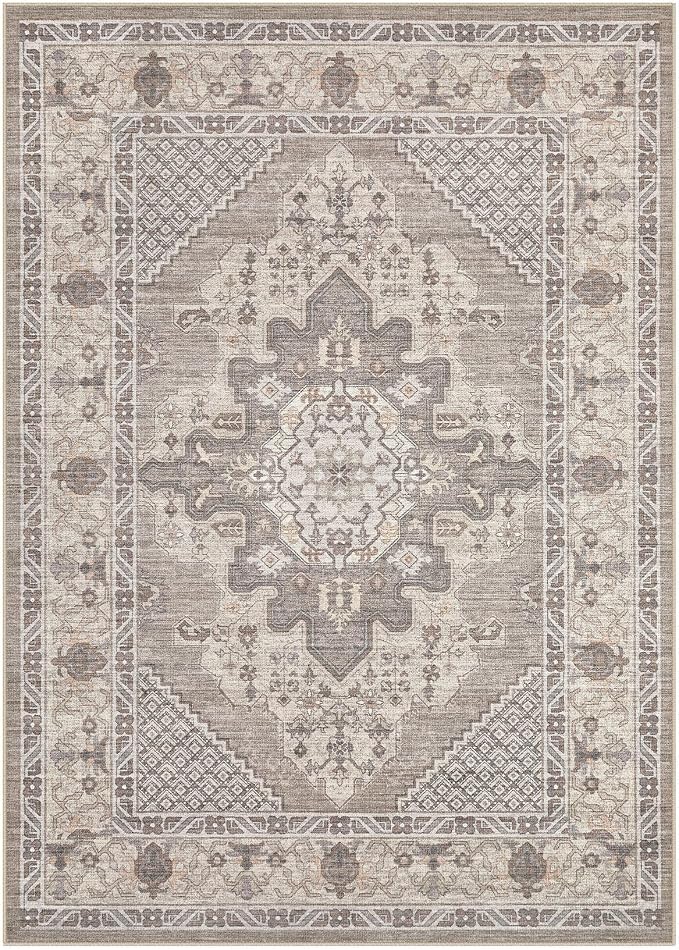 Tortania Area Rug Living Room Rugs - 8x10 Washable Boho Rug Vintage Oriental Distressed Farmhouse Large Thin Indoor Carpet for Living Room Bedroom Under Dining Table Home Office - Taupe Brown