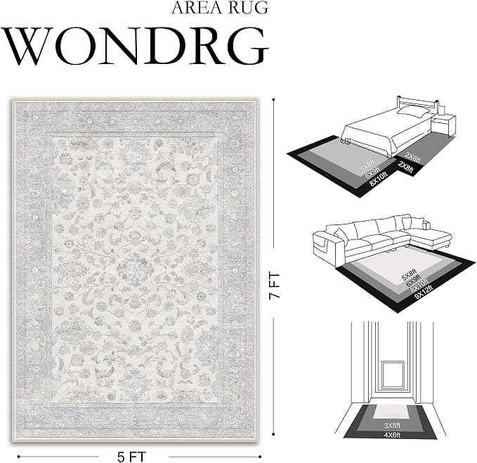 3x4 Blue Washable Area Rug for Living Room Bedroom Neutral Soft Floral Non Slip Thin Throw Rug Lightweight Vintage Low Pile Distressed Doormat Nursery Entrance Playroom Front Door Bathroom