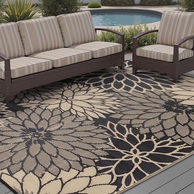 HUGEAR 6'x9' Outdoor Rug Waterproof Plastic Straw Rugs Brown Reversible Floral Mat Floor Carpet for Camping RV Deck Entryance Porch Picnic Balcony Beach Backyard