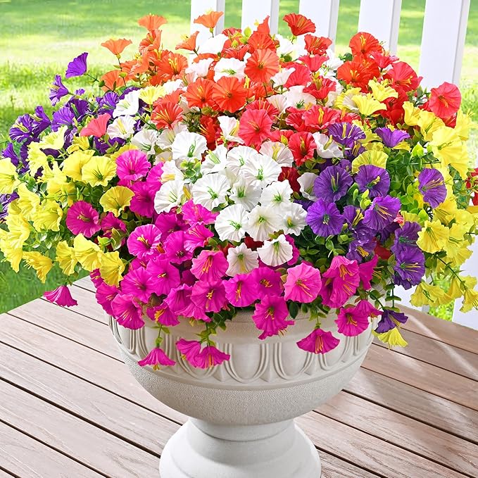 Waipfaru 24 Bundles Artificial Flowers for Outdoors Faux Plants Outdoor, UV Resistant Artificial Plants Outdoor, Silk Petunias Fake Flowers for Outside Home Decor Planter Porch Decoration, Mix Color