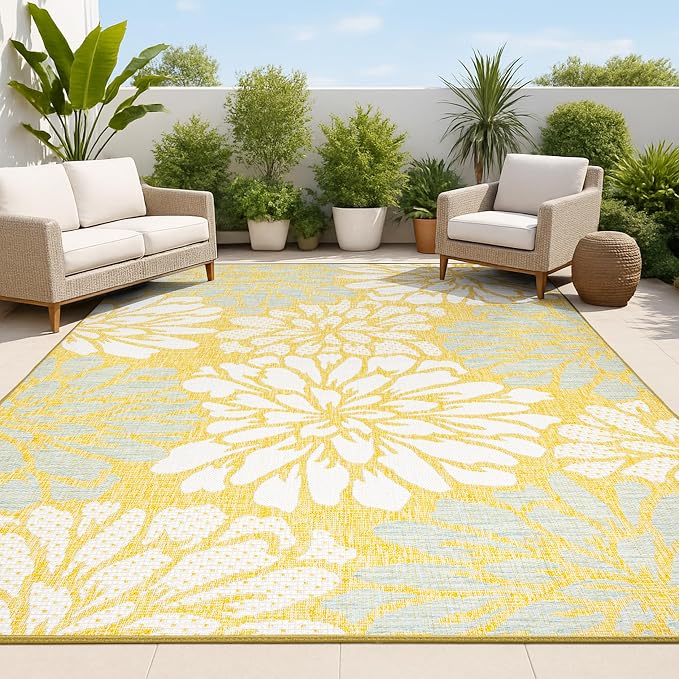 JONATHAN Y Floral Textured Weave Indoor Outdoor Area Rug 8X10 Yellow/Cream, Zinnia Modern for Backyard, Patio, Porch, Easy-Cleaning, High Traffic, Pet-Friendly, Non-Shedding (SMB110G-8)