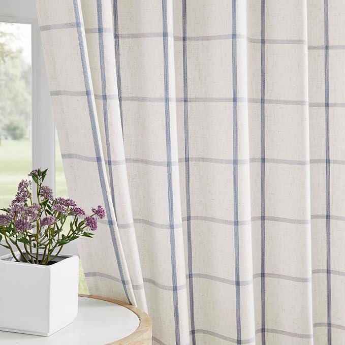 Vision Home Blue Plaid Linen Pinch Pleated Semi Sheer Curtains Checkered Light Filtering Window Panels 102 inches Long for Living Room Bedroom Rustic Pleat Drapes with Back Tab Hooks 40" Wx102 Lx2