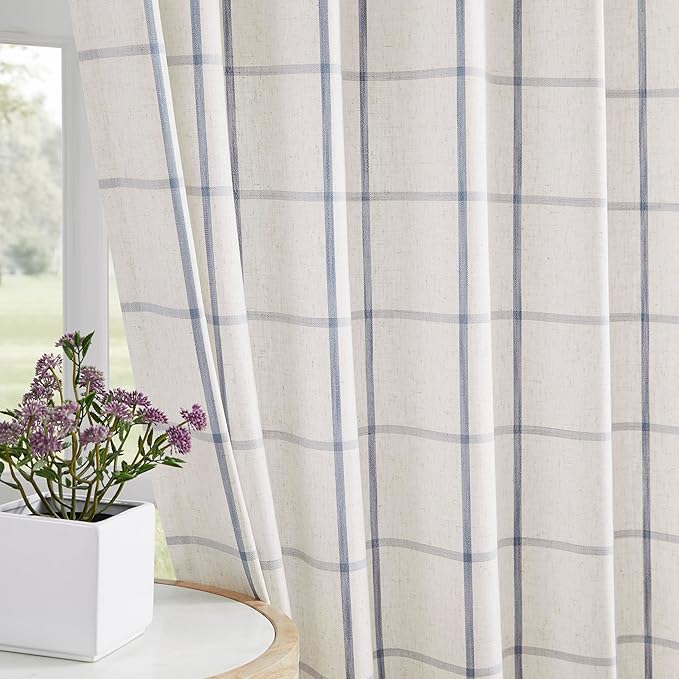 Vision Home Blue Plaid Linen Pinch Pleated Semi Sheer Curtains Checkered Light Filtering Window Panels 95 inches Long for Living Room Bedroom Rustic Pleat Drapes with Back Tab Hooks 60" Wx95 Lx2