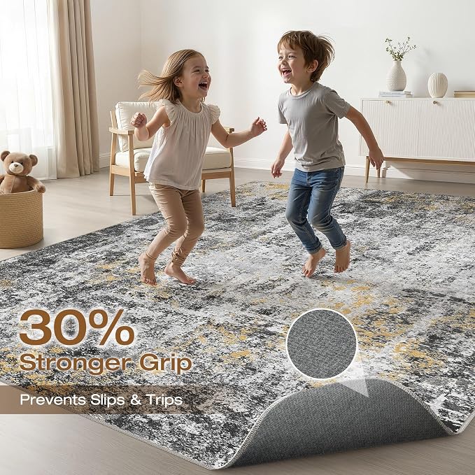 7x9 Area Rug Living Room: Washable Large Neutral Rug Abstract Soft Modern Stain Resistant Indoor Floor Non-Slip Carpet for Bedroom Nursery Kids Office Playroom Dining Room Under Table- Black Gold
