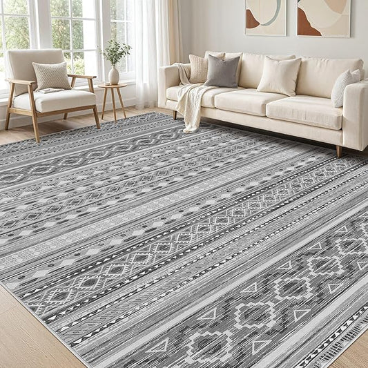 cotiled 9x12 Area Rug Living Room: Washable Boho Rugs with Non Slip Backing Large Soft Indoor Stain Resistant Carpet for Bedroom Farmhouse Dining Room Lightweight Home Decor Beige Grey