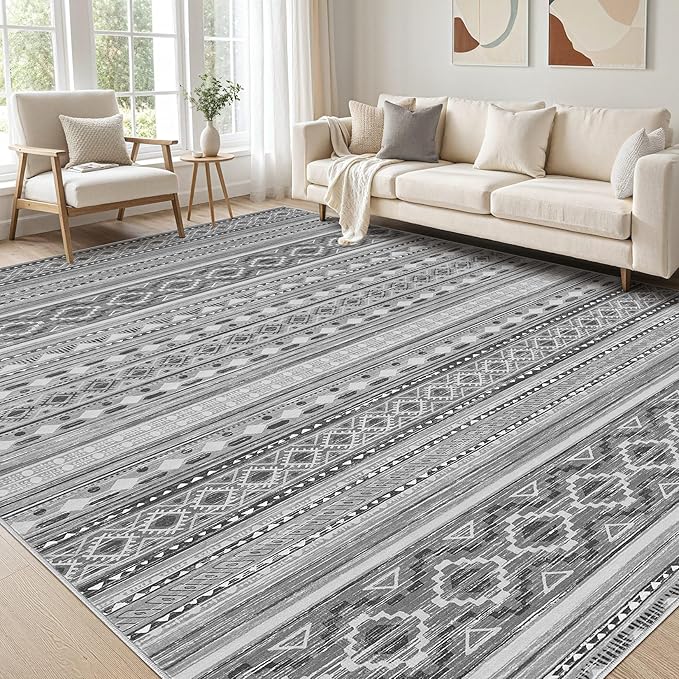 cotiled 10x12 Area Rug Living Room: Washable Boho Rugs with Non Slip Backing Large Soft Indoor Stain Resistant Carpet for Bedroom Farmhouse Dining Room Lightweight Home Decor Beige Grey