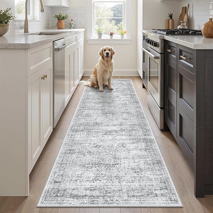 Soalmost Runner Rug 2'x6' Washable Non-Slip Runner Rugs for Kitchen Bathroom Laundry Room Grey Vintage Floor Carpet Runners for Hallway Entryway