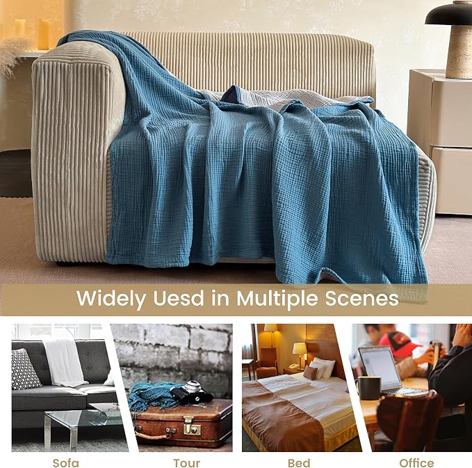 FALUCA Cotton Muslin Cooling Reversible Blanket 50x60 Inches for Bed, Couch, Four Layers Blanket, Soft Lightweight Cozy Breathable Farmhouse Decoration for Summer, Light Blue
