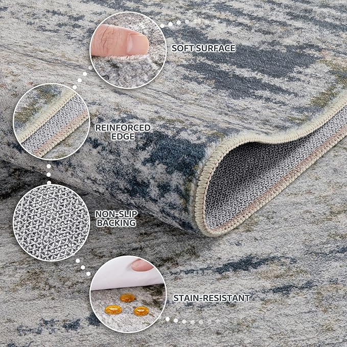 DMOYEST Area Rug Living Room Rugs - 7x9 Washable Large Soft Indoor Neutral Modern Abstract Low Pile Rug Carpet for Bedroom Dining Room Farmhouse Home Office - Blue/Grey/Brown