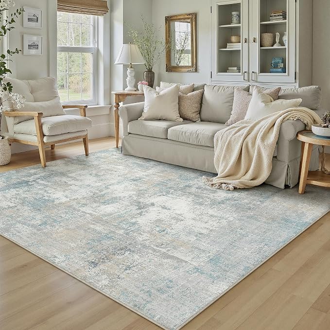 5x7 Washable Area Rug Blue Cream Abstract Non Slip Soft Low Pile Rug for Living Room Bedroom Dining Room Office Neutral Modern Indoor Throw Carpet for Home Decor