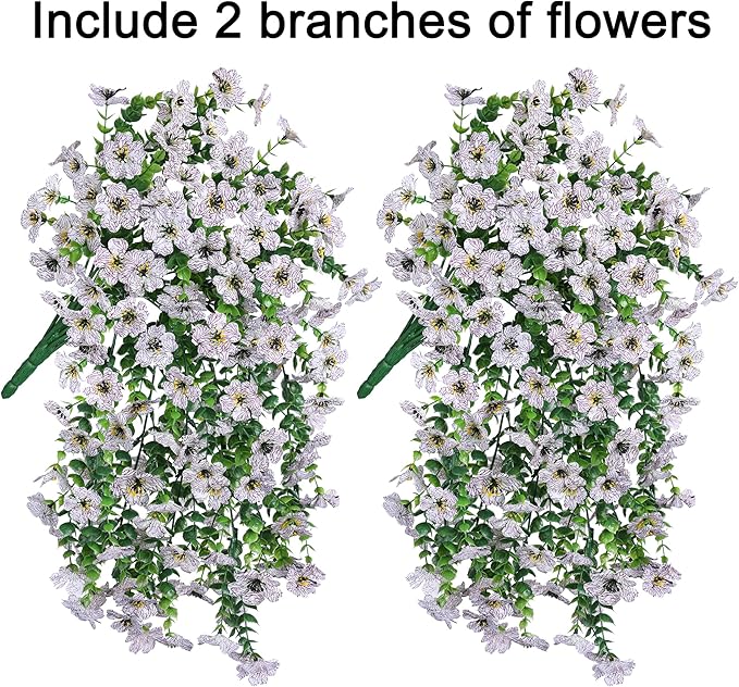 HyeFlora Artificial Flowers for Outdoors Fake Hanging Decoration, 2Pcs White Spring Summer Decor, Realistic Plants, UV & Fading Resistant Silk Flower for Porch Patio Balcony Planter Yard Home Garden