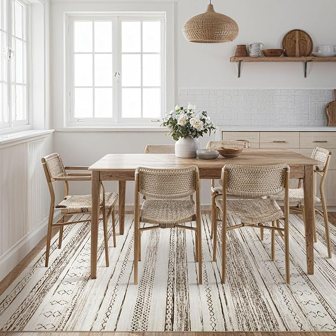 Tortania Area Rug Living Room Rugs - 7x9 Washable Large Soft Neutral Boho Moroccan Bohemian Farmhouse Rug Indoor Floor Carpet for Bedroom Under Dining Table Home Office Decor - Beige
